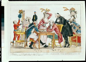 Karikatuur van Lodewijk XVI (1754-93) die schaak speelt met een soldaat van de Nationale Garde